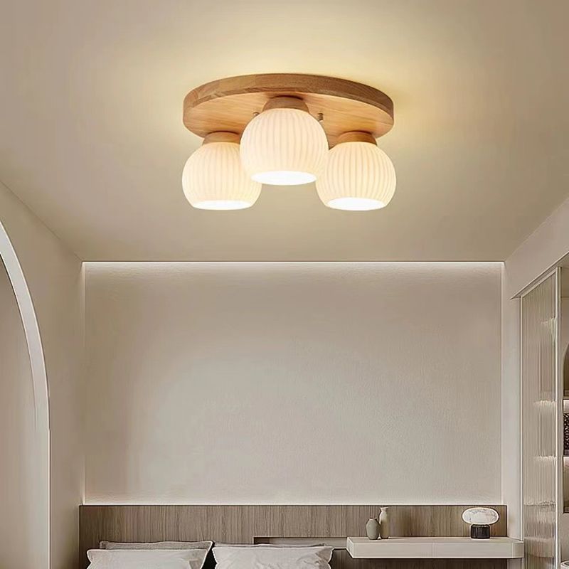 Modern Ceiling Light Wooden Ceiling Mount Light with Glass Shade for Bedroom