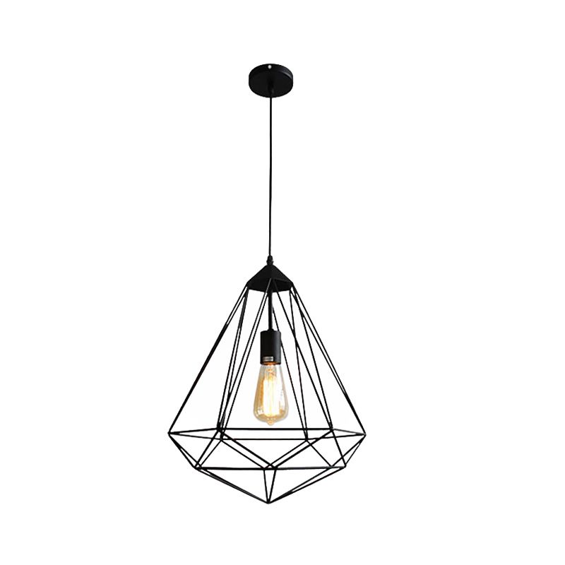 Diamond Cage Iron Hanging Lamp Vintage Single-Bulb Dining Room Hanging Light in Black