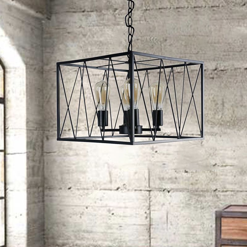 Black Cuboid Wire Frame Pendant Vintage Iron 4 Heads Dining Room Hanging Light Fixture