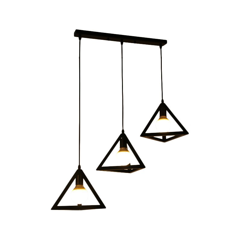 Salle à manger à cage géométrique Multi-plafond lampe vintage métal 3 têtes de suspension noire lumière