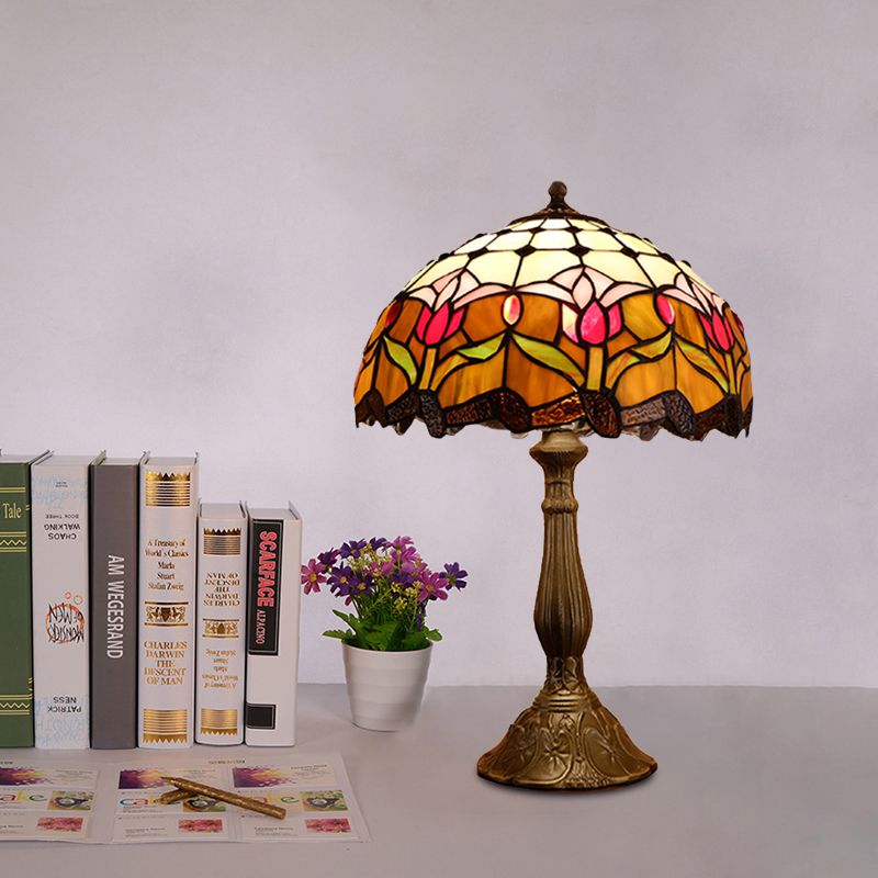 Domed Nightstand Light 1-Bulb Stained Art Glass Baroque Blossom Patterned Night Lighting in Red/Beige/Green