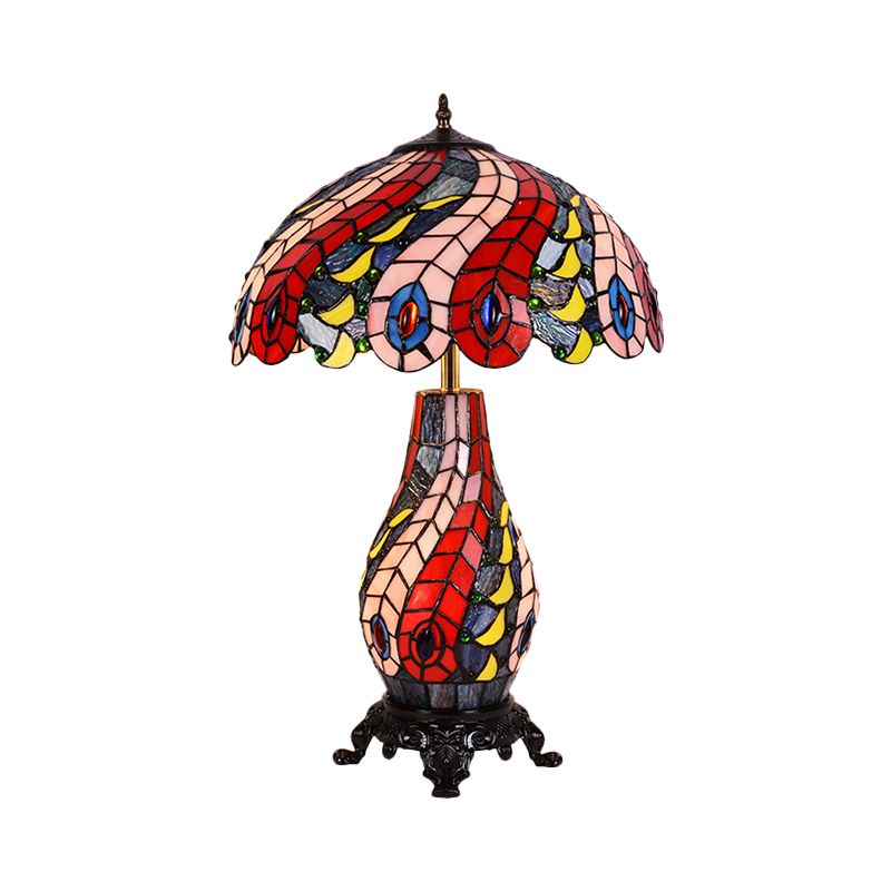 Scalloped Dome Cut Glass Table Lamp Tiffany 2-Light Red Night Light with Peacock Pattern