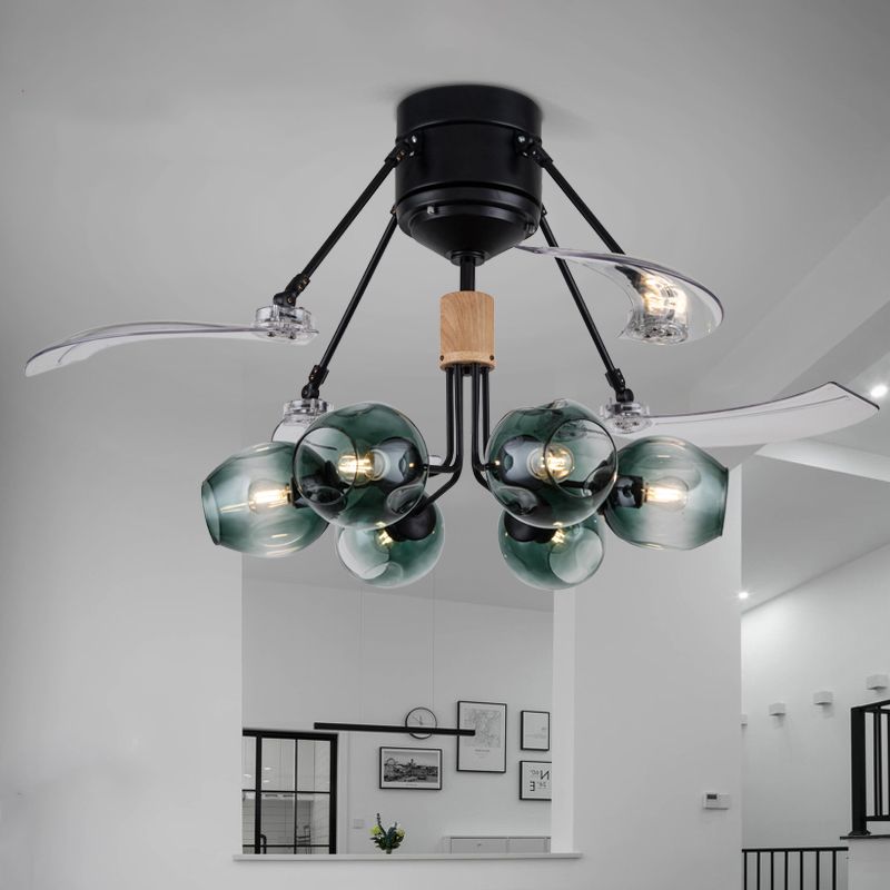 48" W Bud Ceiling Fan Light Modernist Green Dimpled Glass 6 Lights Black Semi Flush Mount Lamp with 3 Clear Blades