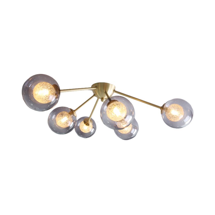 Modern Global Semi Flush Mount Clear/Amber/Smoke Glass 3/6 Lights Led Bedroom Semi Flush Mount Light Fixture in Gold