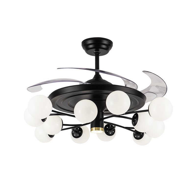 Ball Hanging Fan Light Fixture Minimalist Cream Glass Black Semi Flush Mount with 4 Blades and Remote