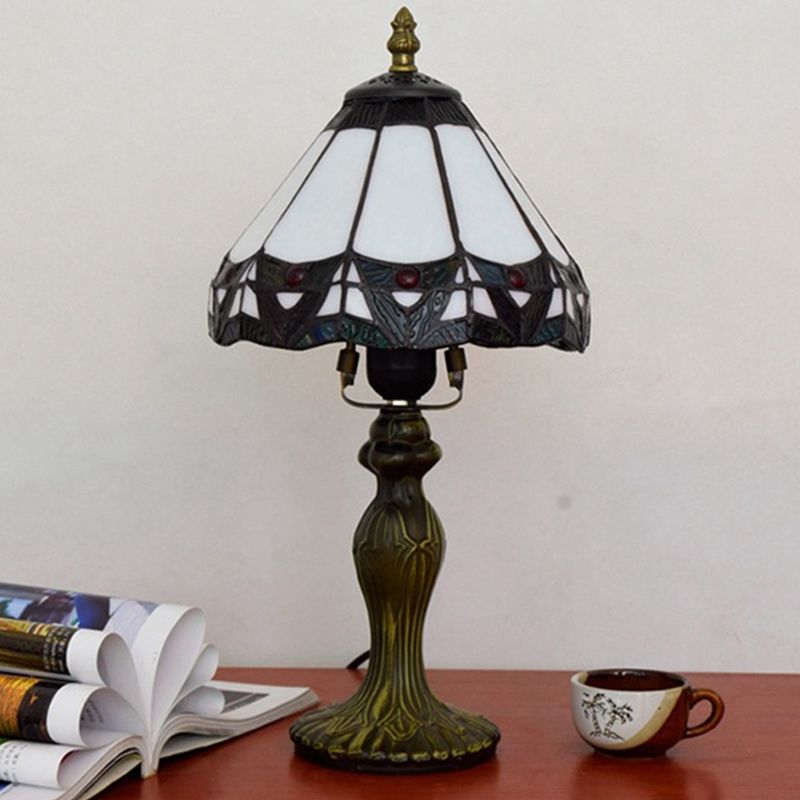 Stained Glass White Table Lamp Conical Shade 1 Head Antique Nightstand Lighting for Bedroom