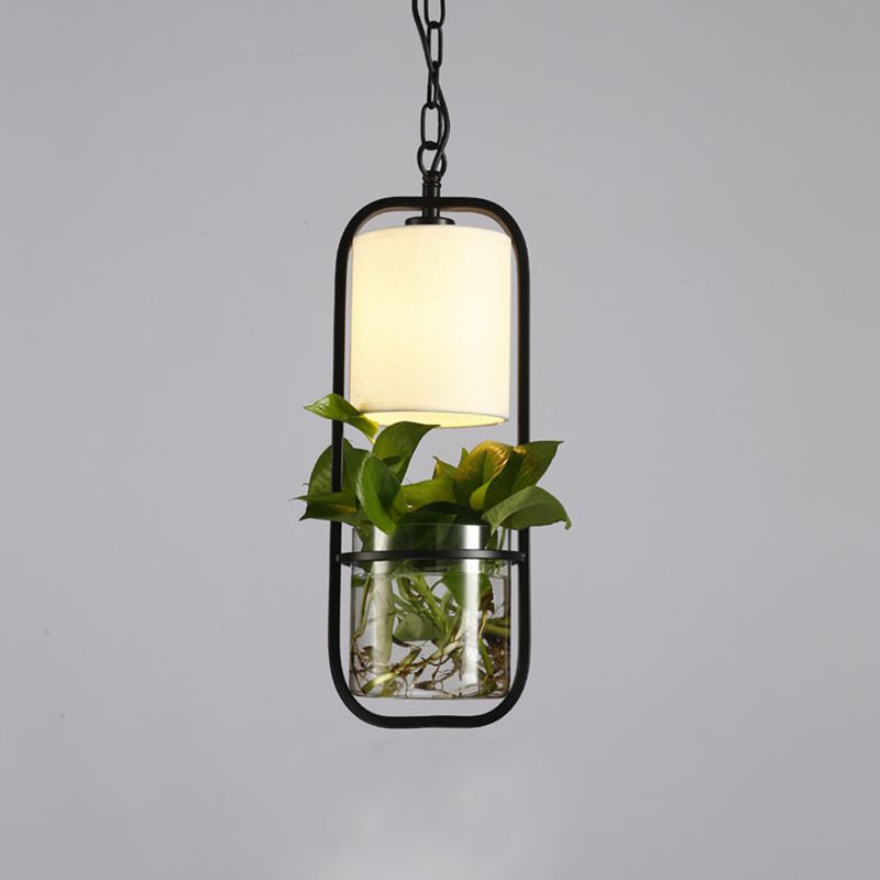 Cylinder LED Pendant Light Fixture Rustic Black/White/Gold Fabric Hanging Light in Warm/White Light with Plant Cup