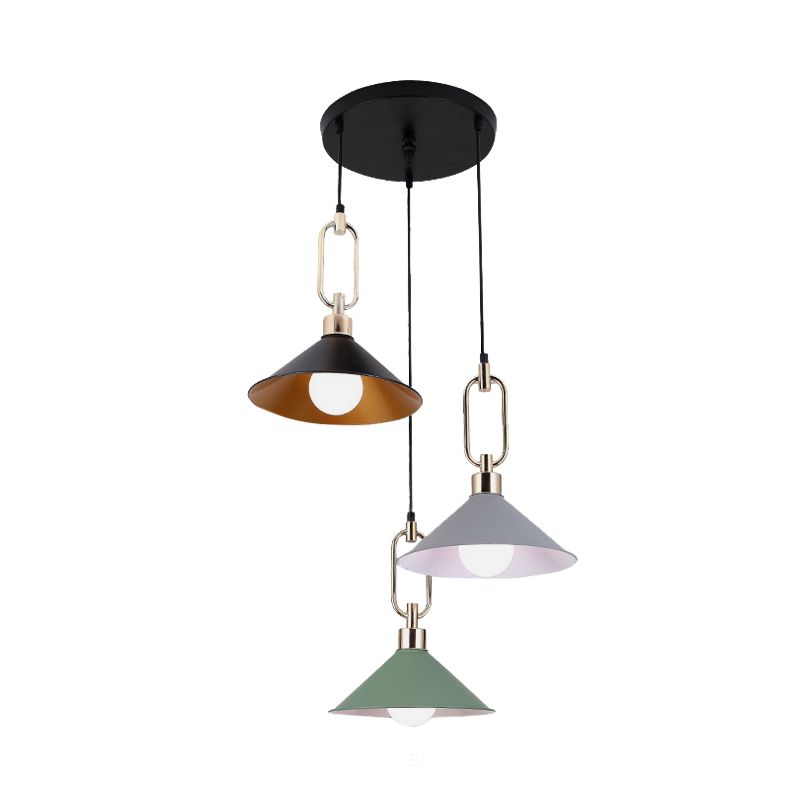 Colorful Flare Multi Light Pendant Macaron 3 Bulbs Iron Hanging Lamp with Black Round/Linear Canopy