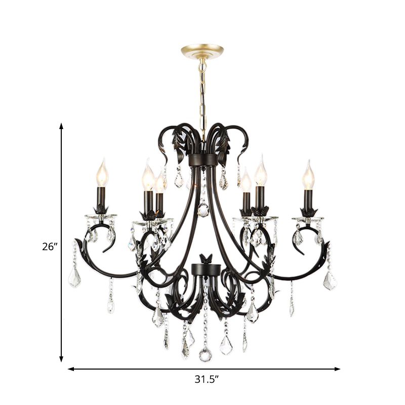 6/8 Bulbs Candle Pendant Chandelier Nordic Crystal Hanging Ceiling Light in Black for Living Room