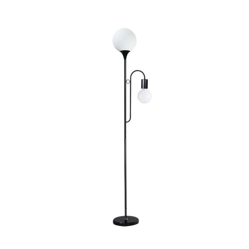 Minimalist Ball Standing Lamp Glass 2-Head Bedroom Reading Floor Light with Curved Arm in Black/White