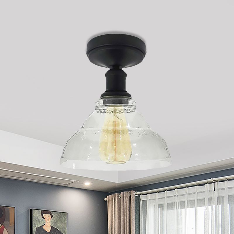 1 Light Bowl Shade Semi Flush Light Industrial Black/Chrome Clear Glass Ceiling Mount for Living Room