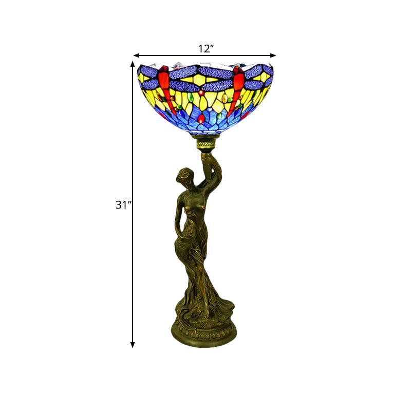 Table de bol Éclairage 1 tête en vitrail Petal baroque / libellule lampe de nuit à motifs en laiton avec résine Naked Woman Base