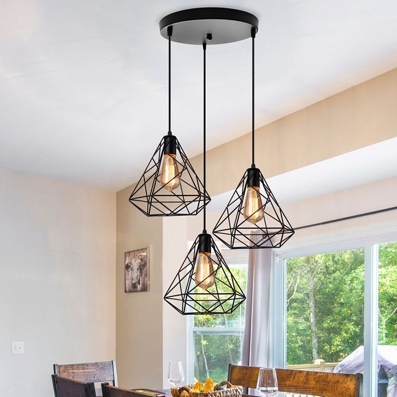 Black Diamond Ceiling Chandelier Vintage Metal 3 Lights Dining Room Pendant Lighting with Round/Linear Canopy