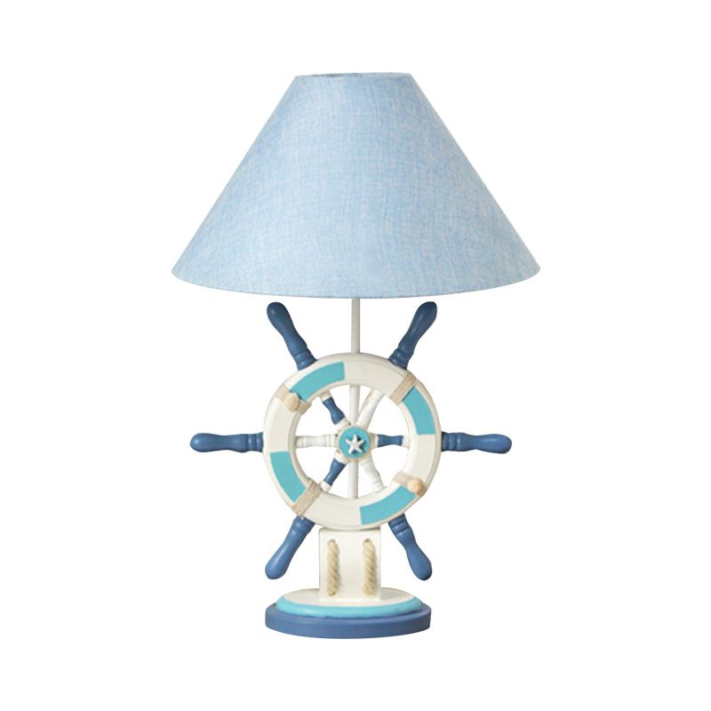 Lifebuoy/Rudder Wooden Table Light Kids 5-Light Blue Nightstand Lamp with Conical Fabric Shade