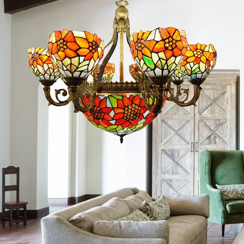 Stained Glass Sunflower Chandelier Multi-Head Rustic Tiffany Hanging Light in Orange for Dining Room