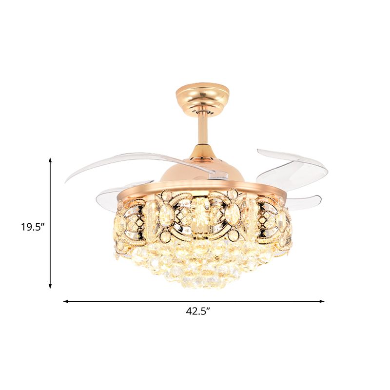 Gold Conical Ceiling Fan Light Modernism Crystal 3-Blade Hotel LED Semi Mount Lighting, 42.5" W