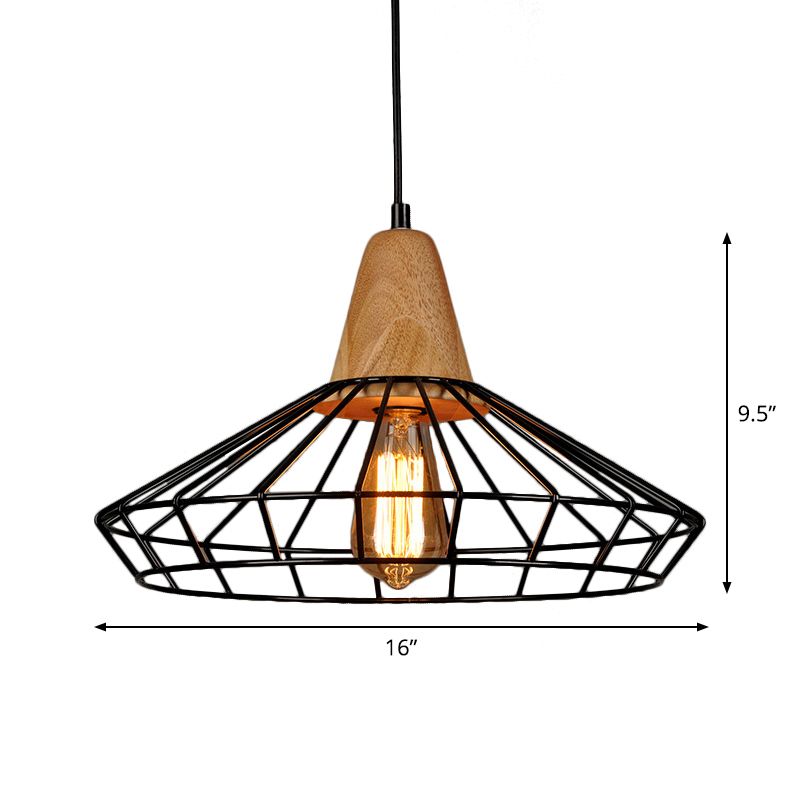 Black Cage/Barn/Pot Shaped Pendant Rustic Iron 1 Bulb Restaurant Hanging Ceiling Light with Wood Socket