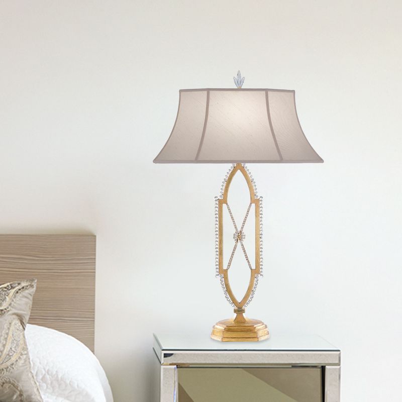 1 Bulb Flared Table Light Traditional Gold/Silver Fabric Shade Nightstand Lamp with X-Shape Crystal Base