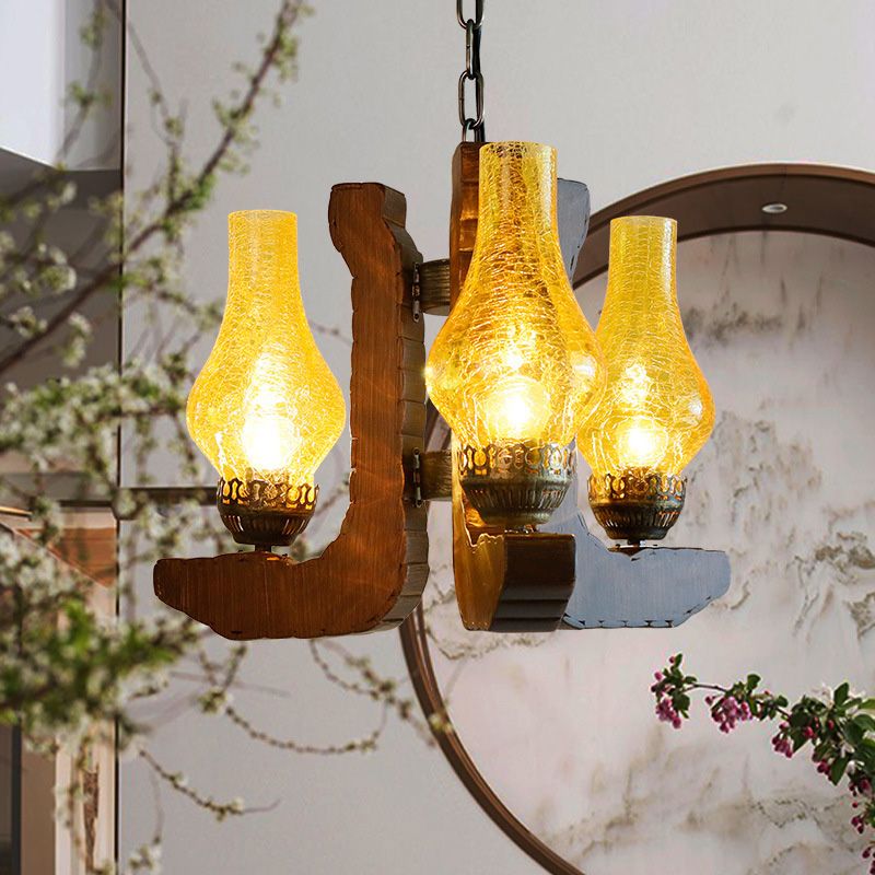 3-Light Crackle Glass Hanging Chandelier Vintage Yellow Vase Living Room Pendant Light Fixture with Wood