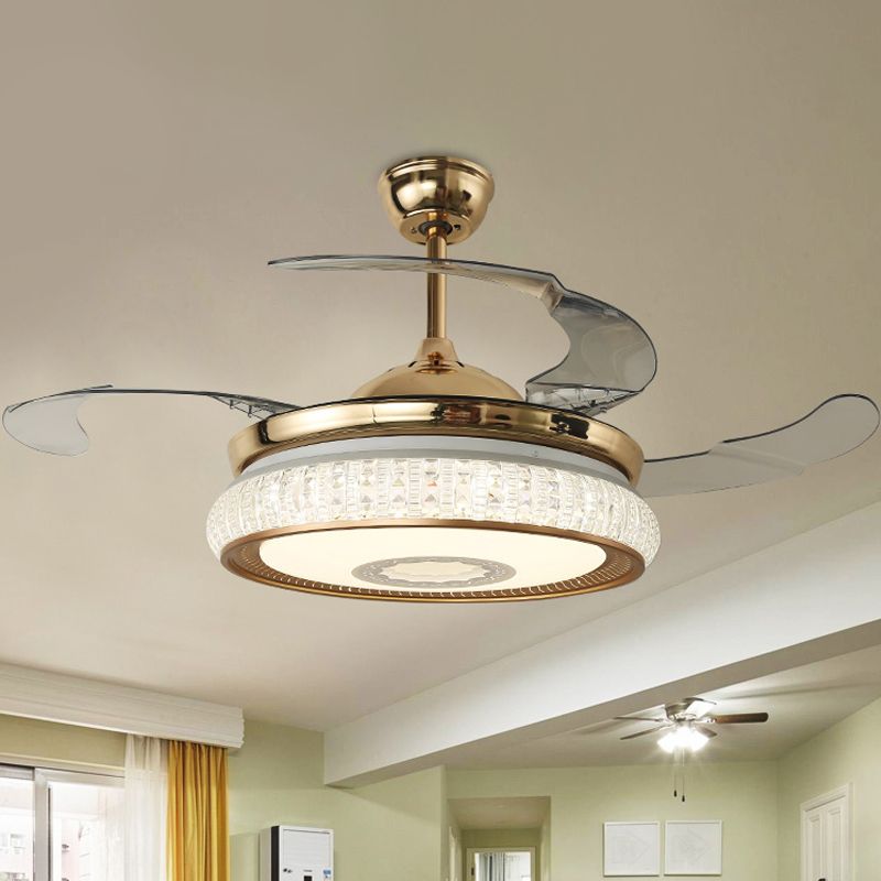 Gouden luifel LED Semi Flush eigentijdse gefacetteerde kristallen ronde hanger ventilatorlamp met 3 messen, 42 "W