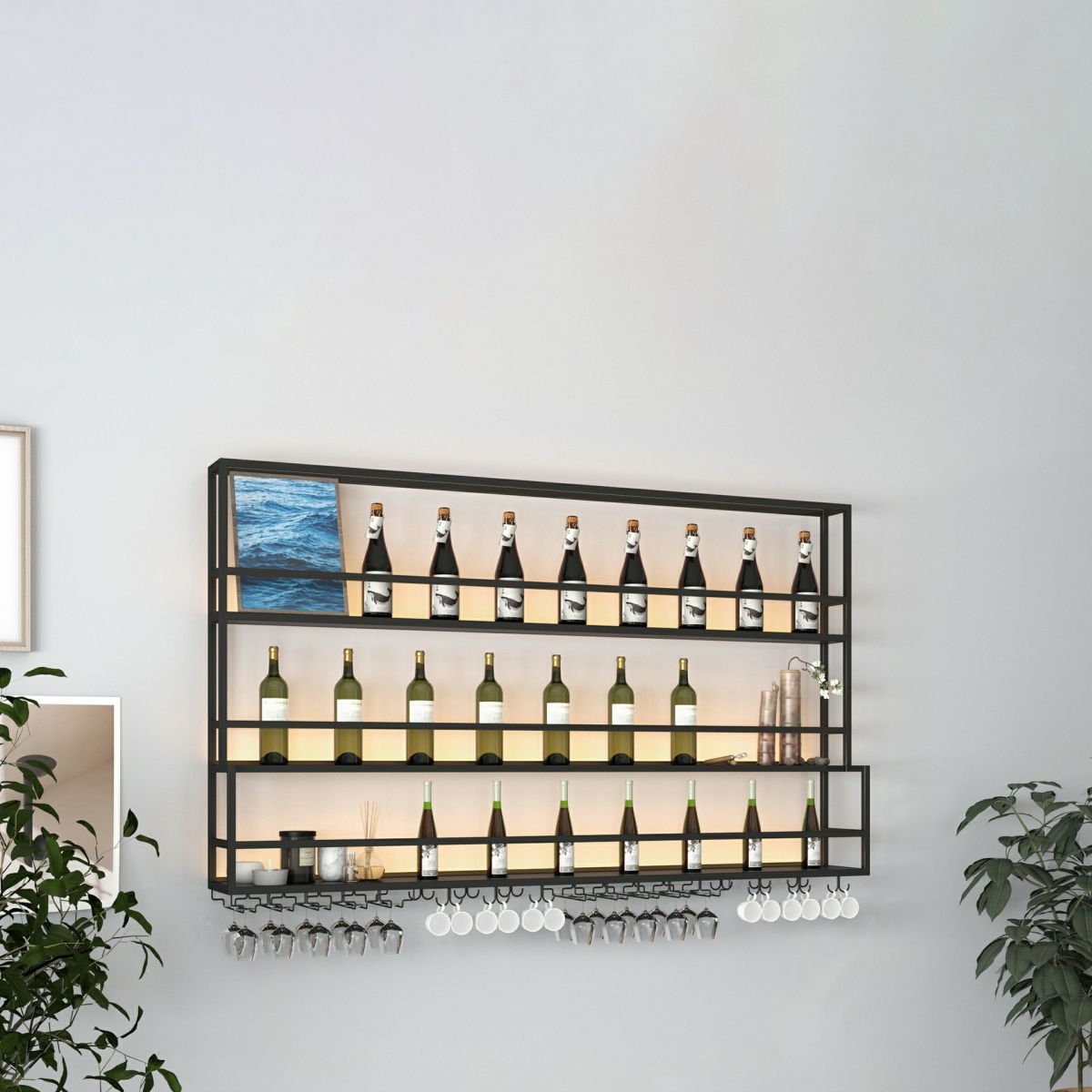 Modern Metal Wine Rack Wall Mounted Wine Bottle & Glass Rack for Living Room