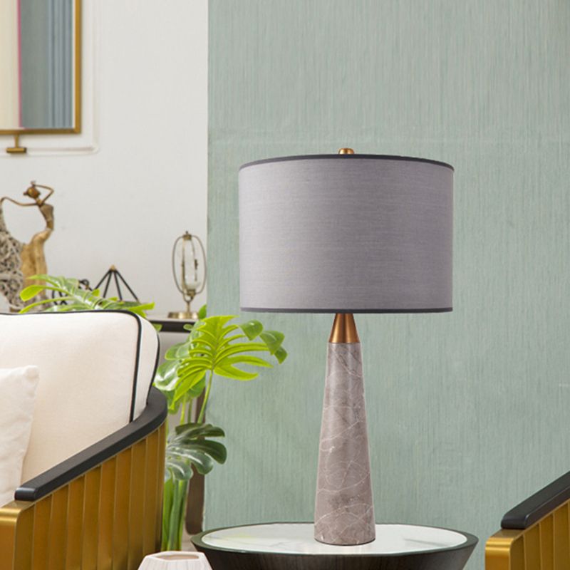 Fabric Cylinder Table Lamp Nordic Single-Bulb Nightstand Light with Conical Marble Base in Grey/White