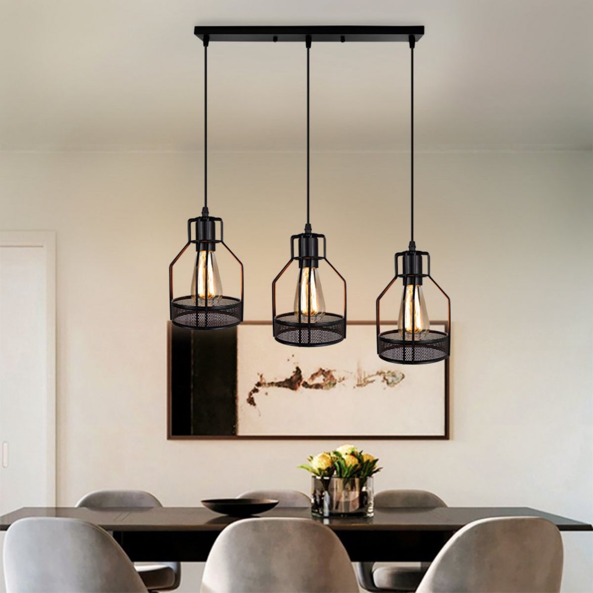 3 Heads Metal Cage Pendant Light Fitting Nordic Industrial Hanging Lights for Coffee Shop