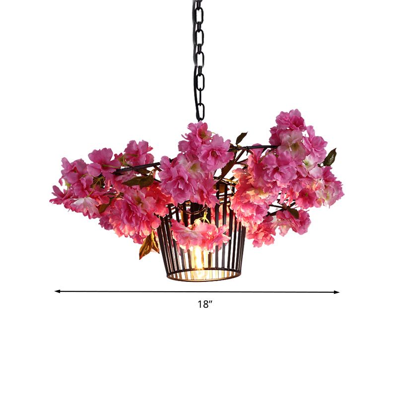 18"/23.5" W 1 Light Suspension Pendant Light Industrial Cage Metal Ceiling Hang Fixture in Black with Cherry Blossom