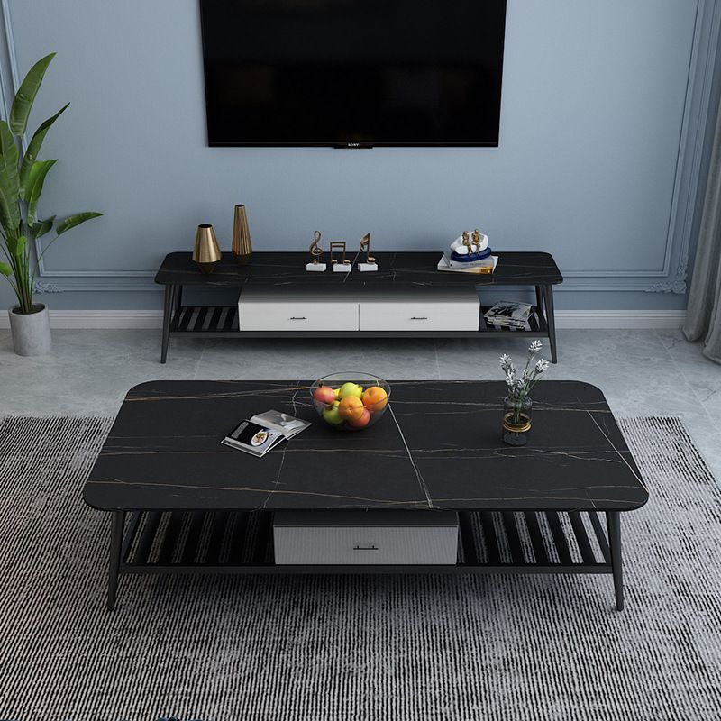 Contemporary TV Stand Open Storage Stone TV Media Console with Drawers