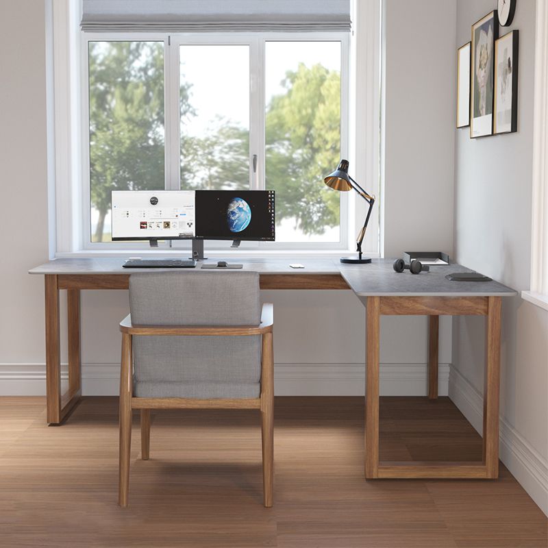 L-Shape Modern Style Office Desk Marble and Wood Writing Desk in Black