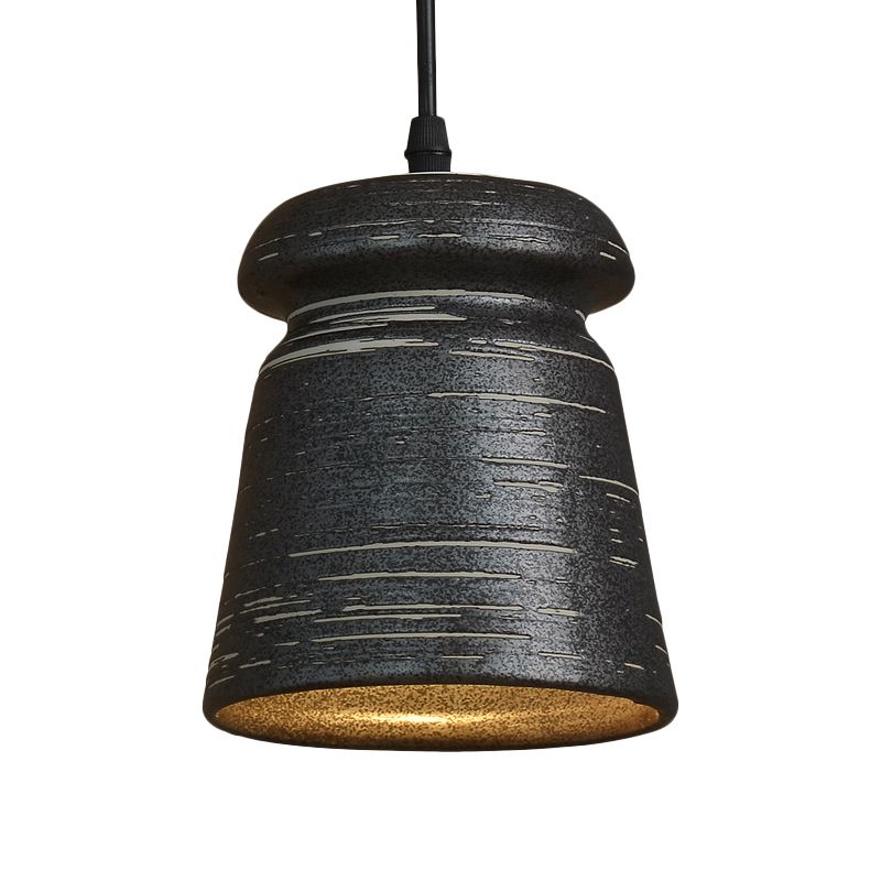 1-Head Cylinder/Urn Hanging Pendant Industrial Style Black Ceramic Suspension Light for Restaurant