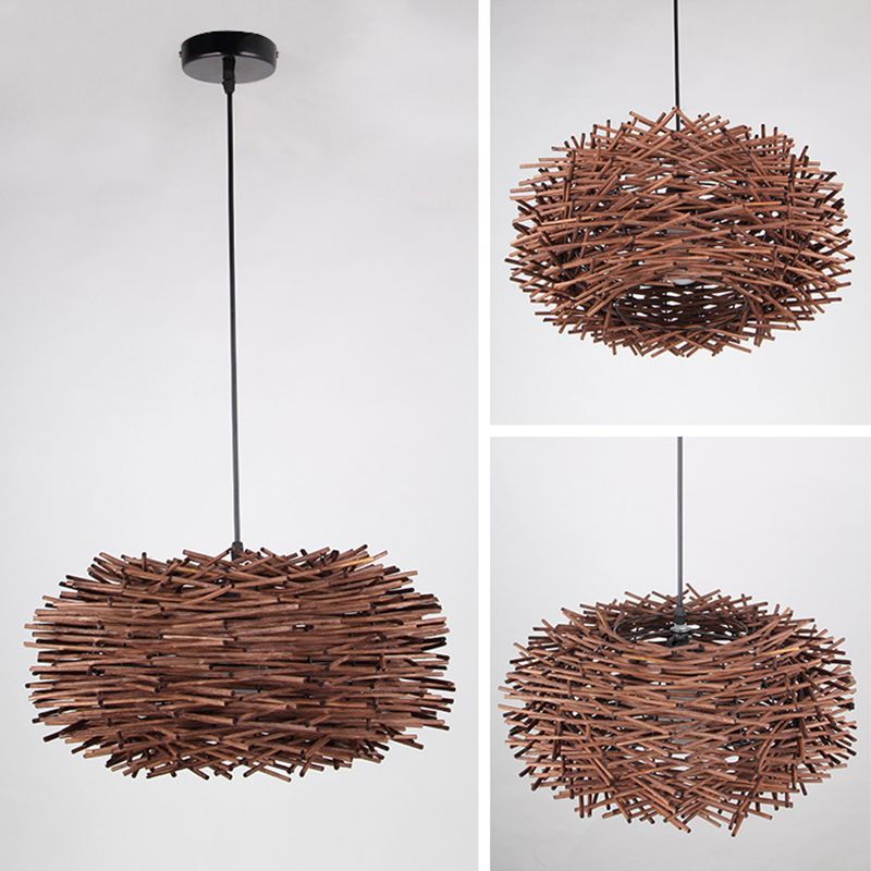 Asian Style Hanging Lamp Fixture 1-Light Pendant Light with Rattan Shade for Bedroom