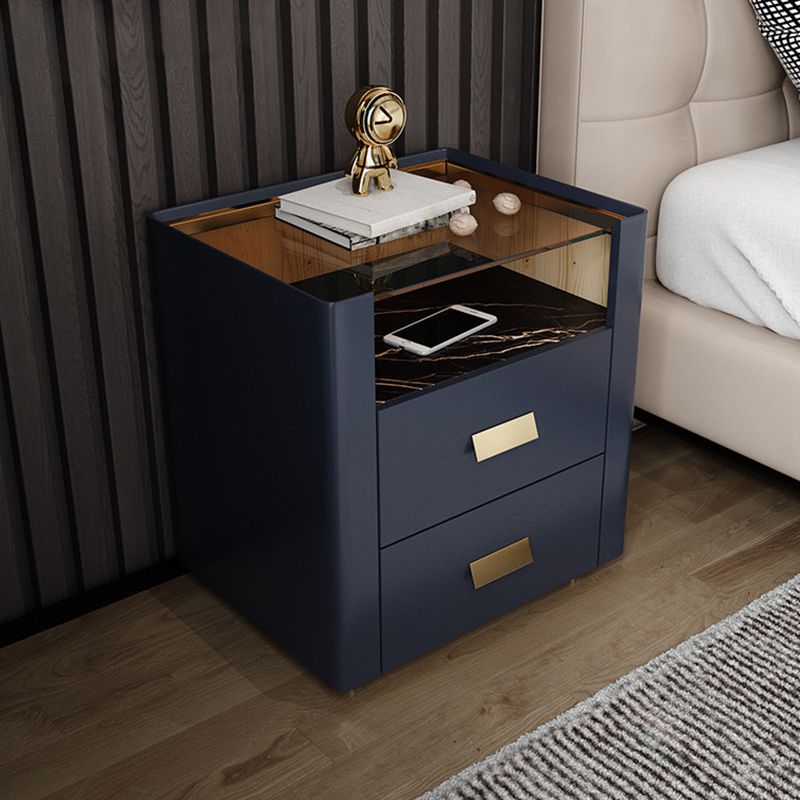 Glam 22 Inch H Nightstand Glass Top Open Storage 2-Drawer Night Table