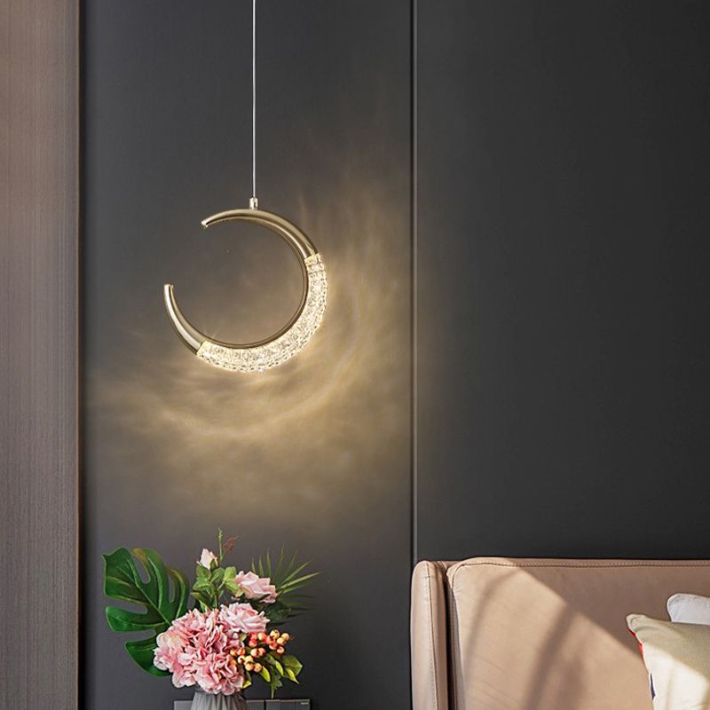 Nordic Style Metal Pendant Light Moon Shape Ceiling Lamp with Acrylic Shade for Bedroom