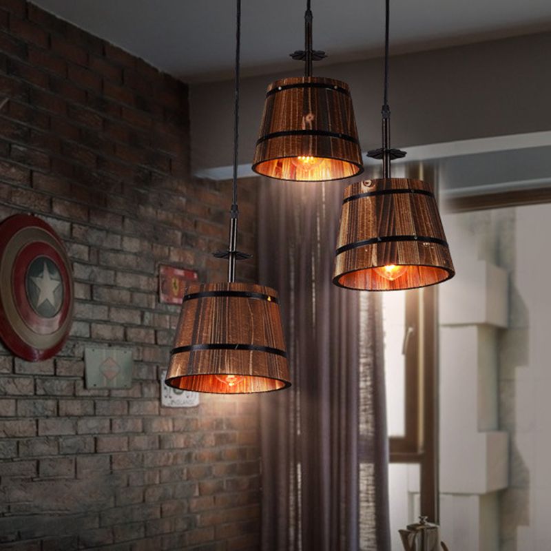 Distressed Wood Pail Pendant Light Fixture Vintage Wood Restaurant Hanging Light