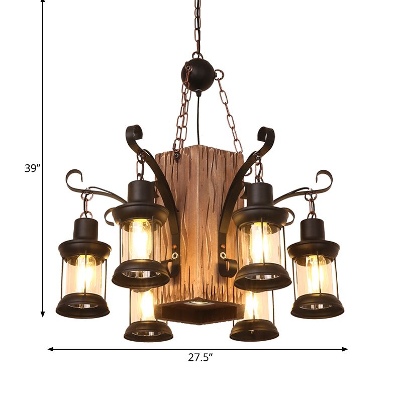 Lantern Clear Glass Chandelier Lighting Farmhouse 6 Lights Dining Room Hanging Lamp in Black with Rectangle Wood Deco