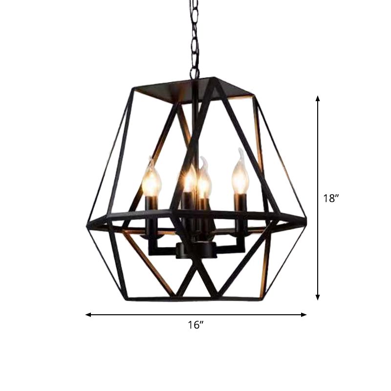4 Bulbs Chandelier Pendant Rustic Trapezoid Cage Iron Hanging Light Fixture in Black