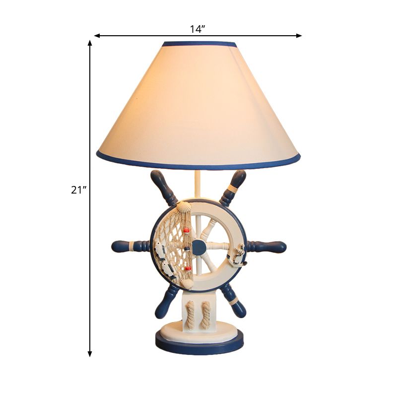 Lifebuoy/Rudder Wooden Table Light Kids 5-Light Blue Nightstand Lamp with Conical Fabric Shade