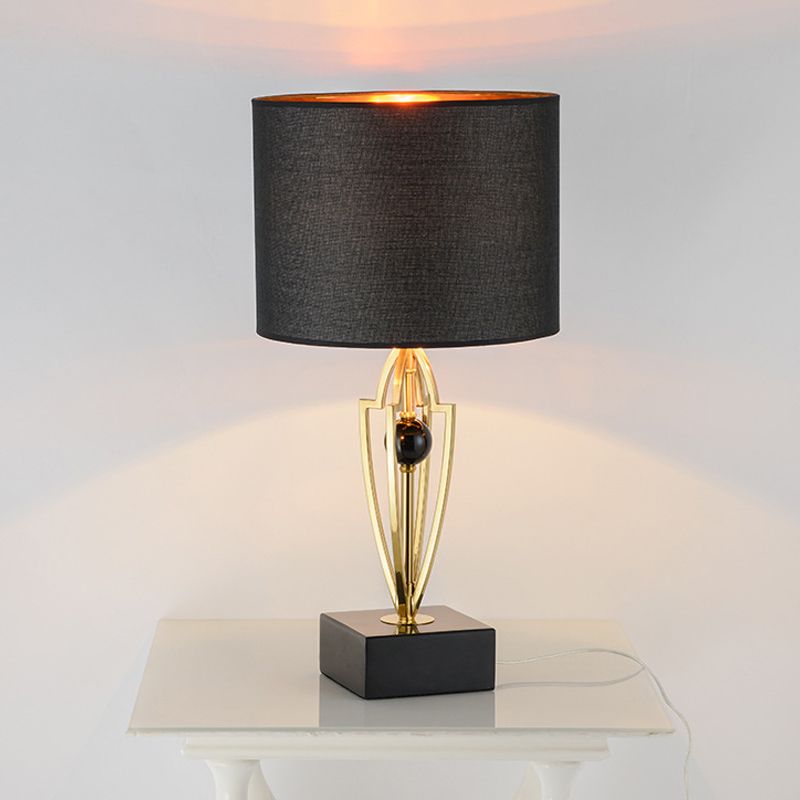 Contemporary 1 Light Nightstand Light Black Drum Night Table Lamp with Fabric Shade