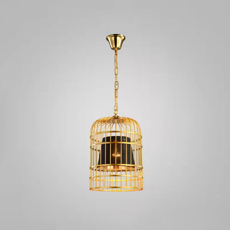 Gold Plated Birdcage Hanging Lamp Country Metal 1 Bulb Restaurant Ceiling Light with Cone Shade