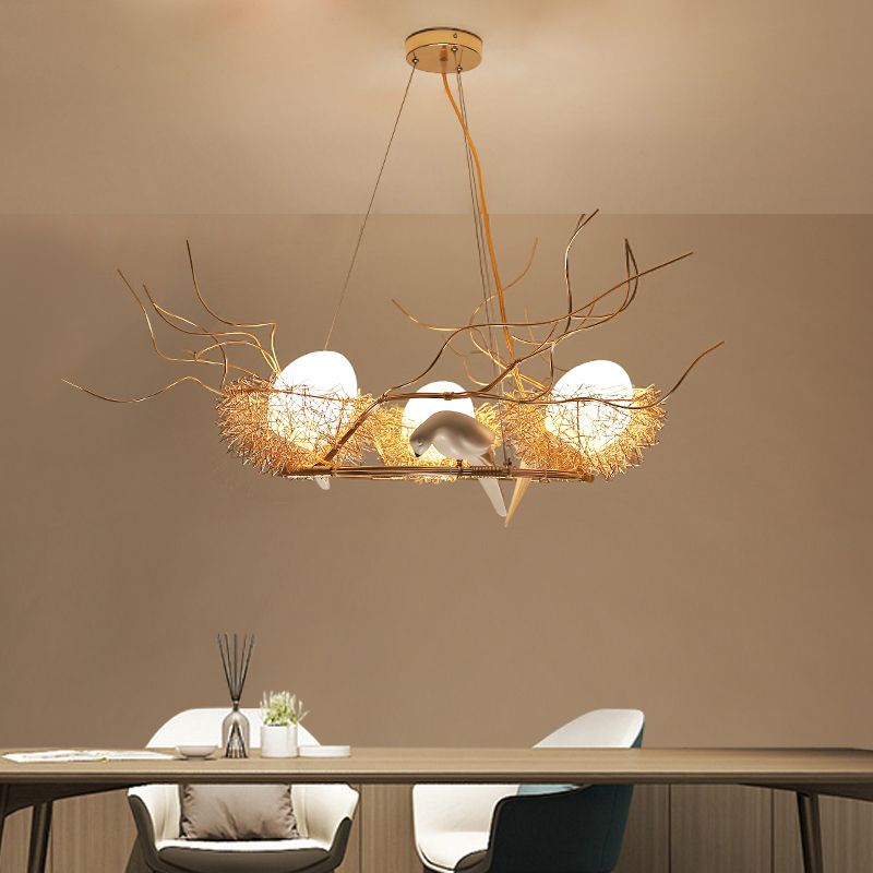 3 Lights Circle Nest Chandelier Lovely Metal Pendant Light with Bird & Egg in Gold for Cafe