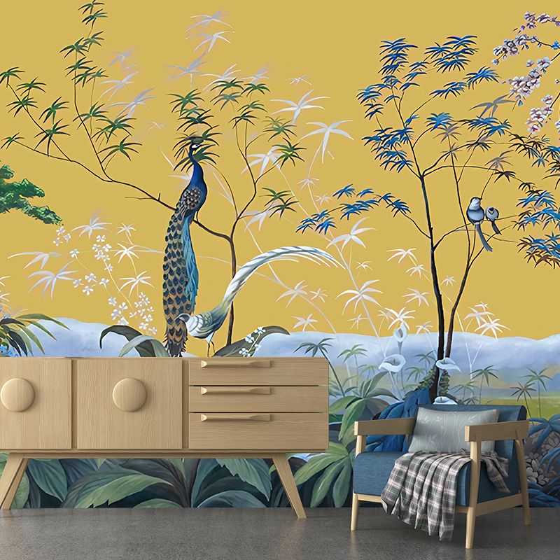 Illustration Peacock Wall Paper Murals for Bedroom, Pastel Color, Personalized Size