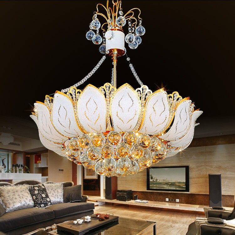 Lotus Hanging Light Fixture Contemporary Faceted Crystal Ball 3/Multi Lights Gold Chandelier Light, 16"/19.5"/23.5" Wide