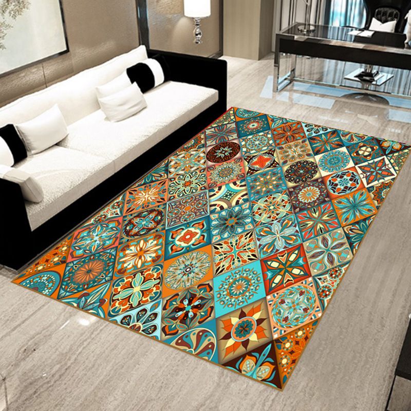 Bohemian Mosaic Tile Print Rug Multicolored Polypropylene Rug Stain Resistant Washable Non-Slip Backing Rug for Home Decoration