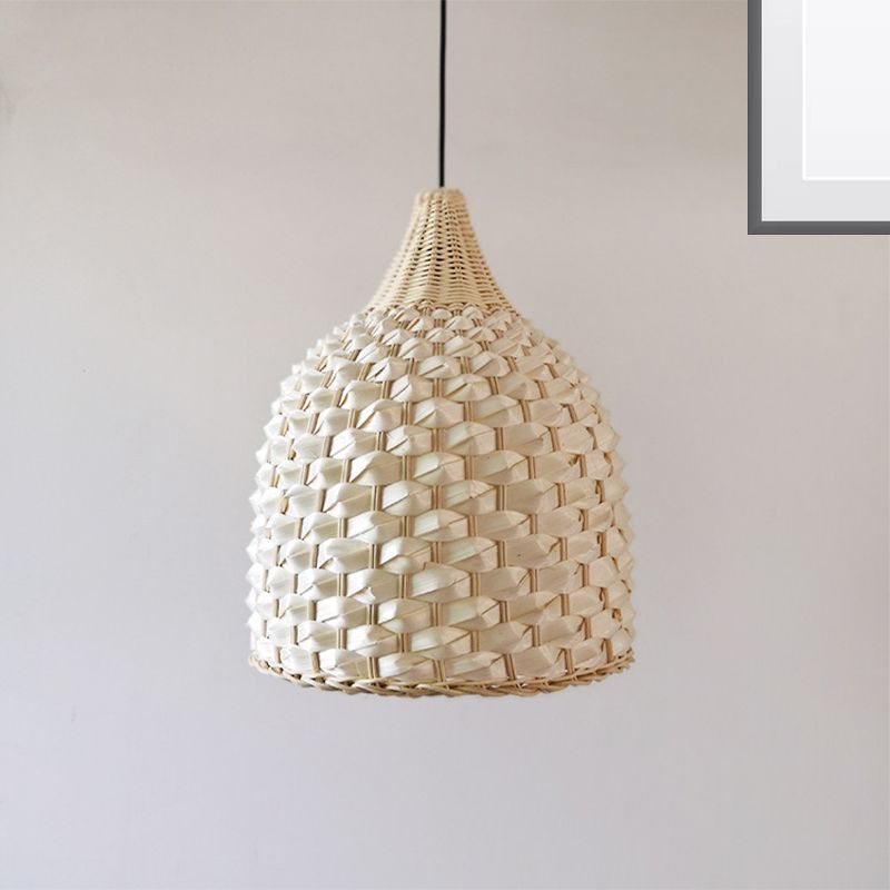 1 Bulb Dining Room Ceiling Lamp Modern Beige Hanging Pendant Light with Bell Bamboo Shade