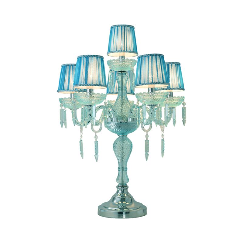 Crystal Blue Nightstand Lamp Candlestick 5/6/7 Bulbs Traditional Sleeping Room Table Light with Barrel Fabric Shade