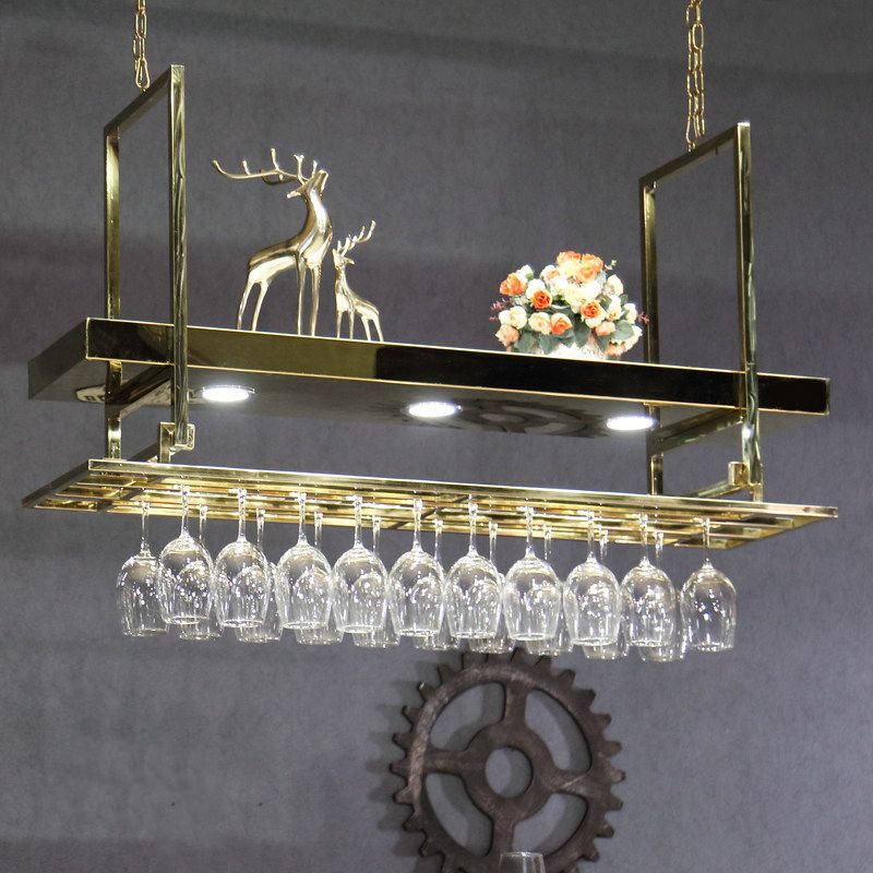 Metal Hanging Wine Holder with Glass Holder & Storage Shelf for Kitchen