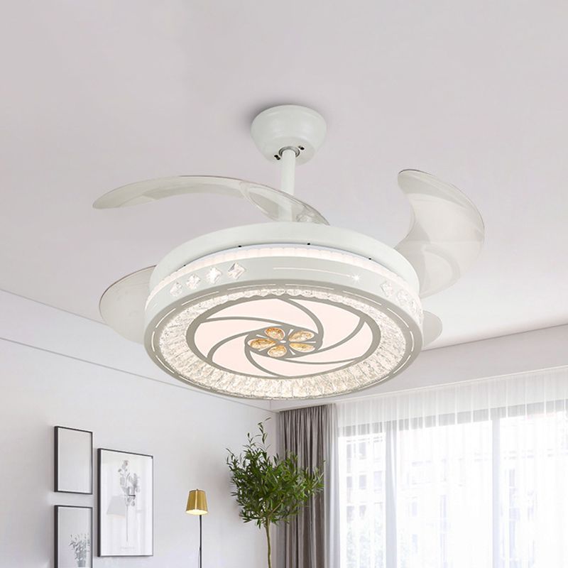 Simple 19" Wide LED Semi Flush Ceiling Light White Round Pendant Fan Lamp with Acrylic Shade, 4 Blades