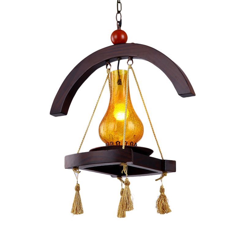 1 tête de chute de chute de gamme Kérosène Kérosène en verre de crackle jaune lampe suspendue avec conception de plateau en bois