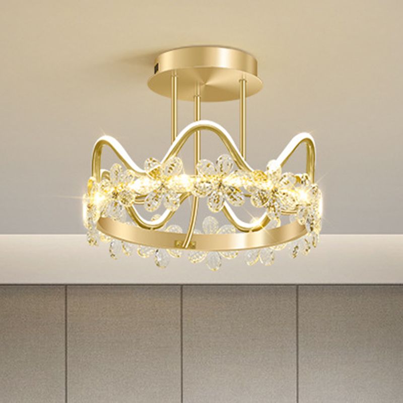 Gold Circular LED Ceiling Fixture Minimalist Flower Crystal Semi Flush Mount Light for Bedroom